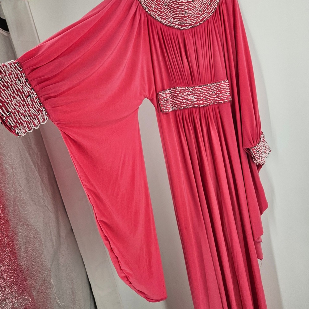 Vintage 70s Kaftan Maxi Dress Pink Stretched Beaded Flowy Boho Modest Evening M - Picture 4 of 12